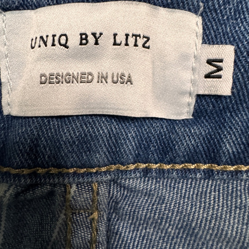 UNIQ BY LITZ Womens Size Medium Patchwork Denim Striped Button Side Jeans - Picture 3 of 9